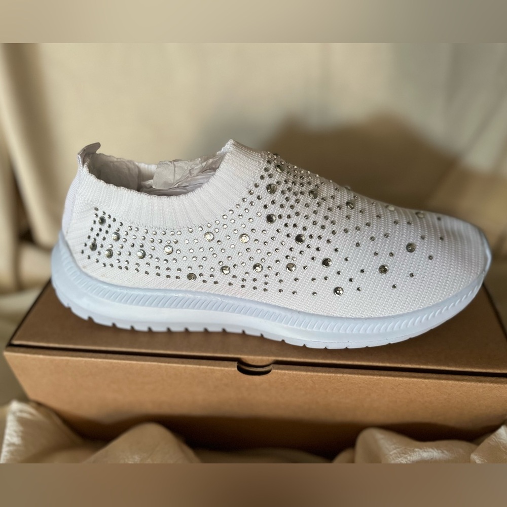 New White Rhinestone Knit Slip-On Sneakers